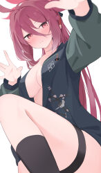 Rule 34 | 1girl, absurdres, black socks, blue archive, breasts, green jacket, grey jacket, halo, highres, jacket, large breasts, looking at viewer, monokulo kitsune, multicolored clothes, multicolored jacket, red eyes, red hair, reijo (blue archive), simple background, socks, thighs, two-tone jacket, white background