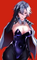 Rule 34 | 1girl, absurdres, arlecchino (genshin impact), black eyes, black hair, black pantyhose, blue leotard, breasts, cleavage, commentary request, detached collar, genshin impact, grey hair, hand up, highres, large breasts, leotard, lipstick, makeup, mija (mija1890), multicolored hair, pantyhose, red background, simple background, solo, strapless, strapless leotard, streaked hair, symbol-shaped pupils, upper body, white hair, x-shaped pupils