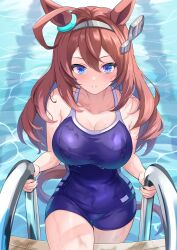 Rule 34 | 1girl, absurdres, ahoge, animal ears, blue eyes, blue one-piece swimsuit, blush, breasts, brown hair, closed mouth, competition school swimsuit, competition swimsuit, cowboy shot, ear ornament, hair ornament, hairclip, highres, horse ears, horse girl, horse tail, large breasts, long hair, maimuu, mihono bourbon (umamusume), one-piece swimsuit, partially submerged, pool, poolside, school swimsuit, silver hairband, solo, swimsuit, tail, tracen swimsuit, umamusume, water