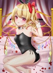 Rule 34 | 1girl, absurdres, animal ears, blonde hair, blush, breasts, cleavage, commentary, curtains, detached collar, fake animal ears, fang, feet out of frame, fingernails, fishnet pantyhose, fishnets, flandre scarlet, from side, hair between eyes, hair ribbon, hand in own hair, head tilt, highres, indoors, leotard, looking at viewer, looking back, nail polish, night, nyanyanoruru, on bed, open mouth, pantyhose, petals, playboy bunny, rabbit ears, rabbit tail, red eyes, red nails, ribbon, rose petals, short hair, side ponytail, sitting, small breasts, solo, strapless, strapless leotard, tail, touhou, window, wings, wrist cuffs, yokozuwari