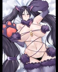 Rule 34 | 1girl, absurdres, animal ears, animal hands, bare shoulders, black panties, bow, breasts, cleavage, cosplay, elbow gloves, fate/grand order, fate (series), fur-trimmed gloves, fur-trimmed legwear, fur collar, fur trim, gloves, highres, lace, lace-trimmed legwear, lace trim, large breasts, long hair, looking at viewer, lying, mash kyrielight, mash kyrielight (dangerous beast), mash kyrielight (dangerous beast) (cosplay), minamoto no raikou (fate), navel, o-ring, on back, panties, parted bangs, paw gloves, purple eyes, purple gloves, purple hair, purple legwear, revealing clothes, solo, spice (spicezzumi), thighs, twintails, underwear, very long hair, wolf ears