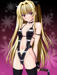 Rule 34 | 1girl, bad id, bad pixiv id, blonde hair, blush, breasts, collar, dominatrix, fingerless gloves, gloves, highleg, highleg leotard, konjiki no yami, leotard, long hair, looking at viewer, navel, red eyes, sen (sansui), small breasts, solo, to love-ru, twintails, two side up, very long hair, whip