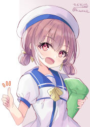 Rule 34 | 1girl, absurdres, blue sailor collar, bow, brown eyes, brown hair, dress, hair rings, hat, highres, hizaka, kaiboukan no. 4 (kancolle), kantai collection, long hair, low twintails, one-hour drawing challenge, open mouth, pillow, sailor collar, sailor dress, sailor hat, solo, thumbs up, twintails, upper body, white dress, white hat, yellow bow
