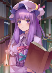 Rule 34 | 1girl, absurdres, blush, book, bookshelf, candle, closed mouth, crescent, crescent hat ornament, dress, hat, hat ornament, hat ribbon, highres, koizumo, long hair, long sleeves, mob cap, patchouli knowledge, pink hat, purple dress, purple eyes, purple hair, red ribbon, ribbon, solo, striped clothes, striped dress, touhou, vertical-striped clothes, vertical-striped dress
