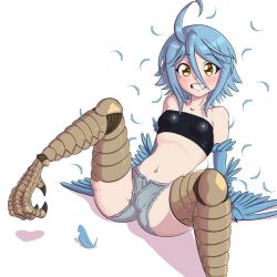 Rule 34 | 1girl, ahoge, bare shoulders, blue feathers, blue hair, blue wings, blush, breasts, claws, embarrassed, feathered wings, feathers, hair between eyes, harpy, knightmareluna, looking at viewer, midriff, miniskirt, monster girl, monster musume no iru nichijou, navel, orange eyes, papi (monster musume), presenting, short hair, simple background, sitting, skirt, small breasts, solo, spread legs, talons, tank top, teeth, thighs, white background, wings