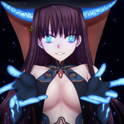 Rule 34 | 1girl, bare shoulders, black dress, black gloves, black headwear, blue eyes, breasts, center opening, dress, elbow gloves, fate/grand order, fate (series), gloves, glowing, glowing eyes, hair ornament, hasebe akira, large breasts, leaf hair ornament, long hair, looking at viewer, outstretched arms, parted lips, purple hair, smile, very long hair, yang guifei (fate), yang guifei (third ascension) (fate)