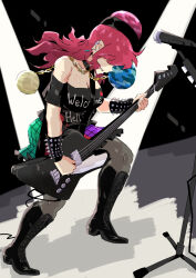 Rule 34 | 1girl, black choker, black headwear, black shirt, breasts, chain, choker, cleavage, clothes writing, commentary, earth (ornament), electric guitar, guitar, hecatia lapislazuli, high heels, highres, holding, holding instrument, instrument, large breasts, long hair, medium breasts, microphone stand, moon (ornament), music, off-shoulder shirt, off shoulder, parted lips, playing instrument, red hair, sakamoto fred, shirt, solo, stage lights, t-shirt, touhou