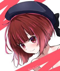 Rule 34 | 1girl, arima kana, beret, black bow, blue hat, bob cut, bow, censored, closed mouth, commentary request, dotan art, hat, hat bow, highres, inverted bob, no pupils, oshi no ko, partial commentary, red eyes, red hair, short hair, solo, topless, twitter username