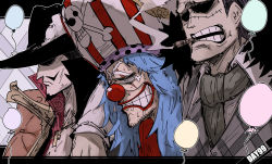 Rule 34 | 3boys, arm around neck, black hair, blue hair, buggy the clown, cigar, clenched teeth, closed mouth, clown nose, crocodile (one piece), dracule mihawk, empty eyes, facial hair, goatee, half-closed eyes, hat, highres, kankan33333, letterboxed, long hair, male focus, mature male, multiple boys, mustache, one piece, open mouth, pirate hat, red nose, scar, scar on face, scared, side-by-side, sketch, skull and crossbones, smoke, smoking, snot, spoilers, stitches, sweat, nervous sweating, teeth