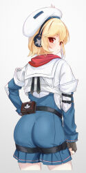 Rule 34 | 1girl, absurdres, ass, ass focus, belt, belt pouch, beret, black gloves, black neckerchief, blonde hair, blue jumpsuit, closed mouth, commentary, english commentary, fingerless gloves, from behind, girls&#039; frontline, girls&#039; frontline 2: exilium, gloves, grey background, hand on own hip, hat, headphones, highres, jumpsuit, light leave, looking at viewer, looking back, medium hair, nagant revolver (girls&#039; frontline), neckerchief, petite, pouch, red eyes, red scarf, scarf, shirt, short jumpsuit, simple background, solo, thigh strap, two-tone jumpsuit, upper body, white hat, white shirt