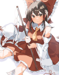 Rule 34 | 1girl, absurdres, ascot, bare shoulders, blush, bow, breasts, brown eyes, brown hair, collar, collared dress, detached sleeves, dress, gohei, hair between eyes, hair ornament, hair tubes, hakurei reimu, hands up, higa (gominami), highres, long sleeves, looking at viewer, looking up, medium breasts, open mouth, red bow, red dress, shadow, short hair, simple background, sitting, solo, touhou, white background, wide sleeves, yellow ascot