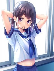 Rule 34 | 1girl, adjusting hair, arms behind head, bad id, bad twitter id, blue neckerchief, blush, brown hair, commentary request, hair tie, indoors, looking at viewer, mouth hold, navel, neckerchief, pasdar, pleated skirt, purple eyes, sailor collar, school uniform, serafuku, shirt, short sleeves, skirt, solo, standing, upper body, white shirt, window