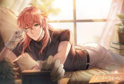 Rule 34 | 1boy, ;), absurdres, arched back, bed sheet, black shirt, brown hair, closed mouth, day, fate/grand order, fate (series), flower pot, gloves, green eyes, highres, long hair, lying, male focus, on bed, on stomach, one eye closed, pants, pillow, romani archaman, shirt, short sleeves, smile, solo, straight hair, ubi (ekdus6080), white gloves, white pants