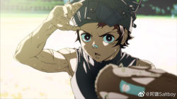 Rule 34 | 1boy, armpits, bandaid, bandaid on face, bandaid on nose, bare shoulders, baseball glove, black tank top, blurry, blurry background, blurry foreground, child, highres, kamado tanjirou, kimetsu no yaiba, looking at viewer, male focus, muscular, muscular child, muscular male, negishiokun, outdoors, red eyes, red hair, scar, solo, sweat, tank top