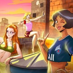 Rule 34 | 3girls, alex (totally spies), brazil, brick, clover (totally spies), filipeemerson3, glasses, happy, highres, long hair, looking at viewer, multiple girls, one eye closed, paris saint-germain, sam (totally spies), selfie, short hair, slums, soccer uniform, sportswear, tongue, tongue out, totally spies