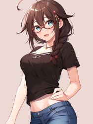 Rule 34 | 1girl, ahoge, blue eyes, braid, brown hair, casual, denim, glasses, hair flaps, hair ornament, hair ribbon, hand on own hip, highres, jeans, jewelry, kantai collection, looking at viewer, midriff, navel, necklace, open mouth, pants, ribbon, shigure (kancolle), shigure kai ni (kancolle), single braid, smile, solo, yuekuratsu