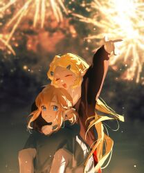 1boy 1girl aerial_fireworks alternate_costume arm_up blonde_hair blue_eyes blurry blurry_background brown_coat carrying chinese_commentary closed_eyes coat commentary_request contemporary earrings fireworks grey_hoodie grin hair_ornament hairclip highres hood hoodie jewelry link long_hair long_sleeves night night_sky nintendo open_mouth piggyback pointy_ears princess_zelda scarf short_hair sidelocks sky smile teeth the_legend_of_zelda the_legend_of_zelda:_breath_of_the_wild upper_body upper_teeth_only white_scarf yumiyumo3o