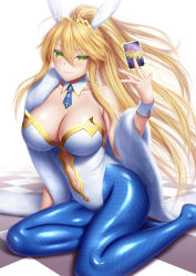 Rule 34 | 1girl, animal ears, artoria pendragon (all), artoria pendragon (fate), artoria pendragon (swimsuit ruler) (fate), bare shoulders, blonde hair, blue necktie, blue pantyhose, blush, braid, breasts, card, cleavage, clothing cutout, detached collar, fake animal ears, fate/grand order, fate (series), feather boa, fishnet pantyhose, fishnets, french braid, green eyes, highleg, highleg leotard, highres, large breasts, leotard, long hair, looking at viewer, masatoki, navel, navel cutout, necktie, pantyhose, playboy bunny, playing card, ponytail, rabbit ears, sidelocks, smile, solo, thighs, tiara, white leotard, wrist cuffs