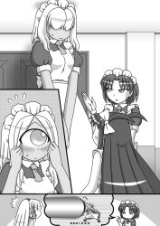 Rule 34 | ^^^, 4girls, apron, blush, bow, comic, coru, cuey c lops, cyclops, elza straherz, eye beam, flying sweatdrops, gameplay mechanics, gloves, greyscale, hair bobbles, hair bow, hair ornament, hair over one eye, height difference, highres, maid, maid apron, maid headdress, monochrome, multiple girls, one-eyed, original, puffy short sleeves, puffy sleeves, rakurakutei ramen, ran straherz, short sleeves, silent comic, silver hair, spoken character, surprised, two side up, v arms, wavy mouth