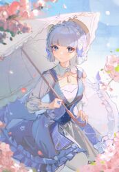 Rule 34 | 1girl, absurdres, artist name, ayaka (genshin impact), blue dress, blue eyes, blue hair, blue sky, blunt bangs, blunt tresses, butterfly hair ornament, butterfly ring, commentary request, dress, flower, full body, genshin impact, hair ornament, highres, holding, holding umbrella, kamisato ayaka, kamisato ayaka (springbloom missive), light blue hair, long sleeves, looking at viewer, mole, mole under eye, neck tassel, official alternate costume, outdoors, pantyhose, parasol, pink flower, seiza, shirt, short hair, sitting, sky, smile, solo, thighhighs, umbrella, white pantyhose, white shirt, white thighhighs, yutou (yutou75)