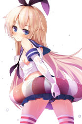 Rule 34 | 10s, 1girl, blonde hair, blue eyes, blush, elbow gloves, gloves, hairband, kantai collection, long hair, looking at viewer, personification, shimakaze (kancolle), simple background, skirt, solo, striped clothes, striped thighhighs, sumisu (mondo), thighhighs, white background