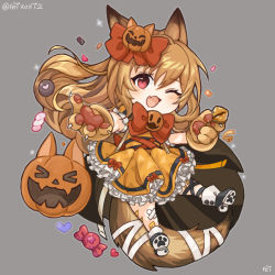Rule 34 | &gt; &lt;, 1girl, ;d, animal ears, animal hands, arknights, bandaid, bandaid on leg, black footwear, bow, bowtie, brown hair, candy, ceobe (arknights), chibi, cookie, crossed bandaids, dog ears, dog girl, dog tail, dress, fang, floating hair, food, food-themed hair ornament, gloves, grey background, hair bow, hair ornament, halloween costume, holding, holding cookie, holding food, jack-o&#039;-lantern, long hair, looking at viewer, one eye closed, open mouth, orange dress, paw gloves, paw print soles, pumpkin hair ornament, red bow, red bowtie, red eyes, ret (tiiuu), shoes, simple background, skin fang, smile, solo, tail