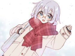 Rule 34 | 1girl, bag, blue eyes, blush, brown sweater, buttons, coat, glasses, grey hair, hand up, highres, ikeda chitose, long sleeves, looking at viewer, namori, nose blush, open mouth, plaid, plaid scarf, pocket, red scarf, scarf, shoulder bag, smile, snowing, solo, sweater, twintails, waving, white coat, winter, yuru yuri