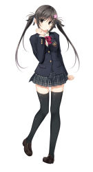 Rule 34 | 1girl, absurdres, black eyes, black hair, black thighhighs, clenched hands, full body, hair ornament, hair ribbon, hairclip, highres, jacket, kiss bell, loafers, long sleeves, miyamae eri, official art, plaid, plaid skirt, pleated skirt, ribbon, school uniform, shoes, simple background, skirt, smile, solo, takei ooki, thighhighs, twintails