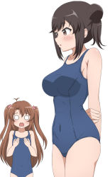 Rule 34 | 2girls, absurdres, arms behind back, black hair, blue one-piece swimsuit, breast envy, breasts, brown eyes, brown hair, commentary, covered navel, cowboy shot, flat chest, grey background, hair bun, hands on own chest, highres, ichijou hotaru, koshigaya komari, large breasts, long hair, multiple girls, non non biyori, o o, one-piece swimsuit, poa mellhen, school swimsuit, short hair, simple background, single hair bun, solo focus, swimsuit, upper body