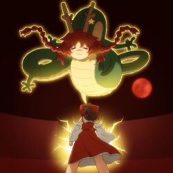 Rule 34 | 2girls, :3, = =, aura, bow, braid, brown hair, chinese zodiac, closed eyes, closed mouth, commentary request, detached sleeves, dragon, dragon ball, dragon ball (classic), feet out of frame, full body, glowing, hair bow, hakurei reimu, highres, hong meiling, human head, long hair, looking at another, multiple girls, parody, red background, red bow, red hair, red shirt, red skirt, shenron (dragon ball), shirosato, shirt, skirt, skirt set, sleeveless, sleeveless shirt, smile, touhou, twin braids, white sleeves, year of the dragon