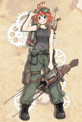 Rule 34 | 1girl, adjusting goggles, ahoge, arm at side, backpack, bag, bare shoulders, black footwear, black tank top, blush, bob cut, boots, breasts, brown background, collarbone, combat boots, commentary, energy weapon, full body, gauge, gears, goggles, goggles on head, green-tinted eyewear, green eyes, green jumpsuit, gun, hair between eyes, hand to head, highres, holding, holding gun, holding weapon, holster, jumpsuit, jumpsuit around waist, leather bag, looking at viewer, medium breasts, metal wire, original, paper texture, parted lips, pouch, radio antenna, red hair, rifle, short hair, smile, smirk, solo, spread legs, standing, steampunk, straight-on, tank top, thigh pouch, tinted eyewear, tube, weapon, yamamoto yuusuke (777sevenkidgma1)