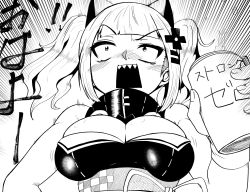 Rule 34 | 1girl, blush, breasts, cleavage, commentary request, emphasis lines, greyscale, hair ornament, highres, himajin noizu, holding, kaguya luna, large breasts, monochrome, nose blush, open mouth, sharp teeth, skindentation, solo, teeth, the moon studio, twintails, upper body, virtual youtuber