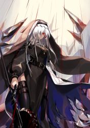 Rule 34 | 1girl, absurdres, arknights, belt, blood, bloody weapon, breasts, capelet, circular saw, commentary request, grey capelet, grey robe, habit, highres, holding, holding weapon, jewelry, long hair, long sleeves, looking at viewer, necklace, nun, nys, one eye covered, red eyes, robe, saw, side slit, simple background, solo, specter (arknights), weapon, white hair