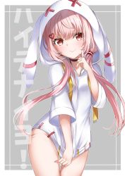 Rule 34 | 1girl, animal ears, animal hood, black choker, blush, choker, closed mouth, commentary request, fake animal ears, grey background, groin, hair ornament, hand up, heart, heart hair ornament, highres, hood, hood up, hoodie, index finger raised, long hair, mashiro aa, pink hair, rabbit ears, rabbit hood, red eyes, short eyebrows, smile, solo, thick eyebrows, tomari mari, tomari mari channel, translation request, twintails, two-tone background, very long hair, virtual youtuber, white background, white hoodie