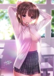 Rule 34 | 1girl, absurdres, arms behind head, backlighting, bloom, blurry, blurry background, blush, breasts, brown hair, classroom, collared shirt, cowboy shot, desk, dress shirt, hair tie, high-waist skirt, highres, indoors, long sleeves, looking at viewer, medium breasts, morikura en, mouth hold, no bra, open clothes, open shirt, original, pink eyes, plaid, plaid skirt, ponytail, school, school desk, shirt, signature, skirt, solo, sunlight, table, tying hair, unbuttoned, white shirt