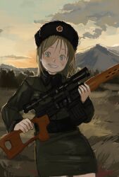 Rule 34 | 1girl, belt, black belt, black hat, blue eyes, blue sky, cloud, coat, collared coat, collared shirt, commentary, cowboy shot, dark clouds, dirty, dirty face, dragunov svd, freckles, fur-trimmed shirt, fur hat, fur trim, grass, grasslands, green coat, green shirt, gun, hammer and sickle, hat, hat ornament, highres, holding, holding gun, holding weapon, kmusy mp4, light brown hair, long hair, looking at viewer, medium hair, military coat, military hat, morning, mountain, muted color, nature, open mouth, orange sky, original, outdoors, red star, rifle, scope, shirt, sky, smile, sniper rifle, solo, soviet, star (symbol), star hat ornament, sunrise, teeth, ushanka, weapon, wispy bangs