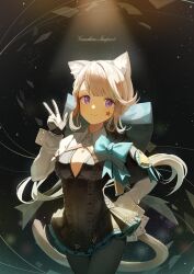 Rule 34 | 1girl, absurdres, animal ears, aqua bow, black dress, black pantyhose, bow, breasts, card, cat ears, cat girl, cat tail, cleavage, closed mouth, commentary, dress, frilled dress, frills, genshin impact, hand on own hip, hand up, highres, holding, holding card, huge bow, juliet sleeves, long hair, long sleeves, looking at viewer, lpleader, lynette (genshin impact), pantyhose, puffy sleeves, purple eyes, short dress, small breasts, smile, solo, tail, two-tone gloves