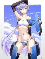 Rule 34 | 1girl, arm above head, armpits, black thighhighs, blue eyes, blue hair, blue sky, border, breasts, cloud, contrapposto, day, elbow gloves, frame arms girl, gloves, gluteal fold, groin, groin tendon, hair between eyes, highres, long hair, looking at viewer, mecha musume, misenouchi, navel, outside border, panties, skindentation, sky, small breasts, solo, striped clothes, striped panties, stylet, thighhighs, twintails, underwear, white border