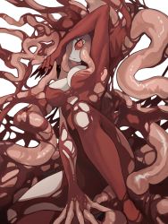 Rule 34 | 1girl, arm up, breasts, claws, cleavage, colored sclera, colored skin, highres, long hair, looking at viewer, monster girl, original, pink eyes, red pupils, red sclera, ruteko (ruko220), solo, tentacle hair, tentacles, white background, white skin