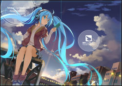 Rule 34 | 1girl, absurdly long hair, ahoge, artist name, beek, blue eyes, blue hair, building, cellphone, cloud, dated, dutch angle, floating hair, hand in pocket, hatsune miku, headphones, long hair, outdoors, phone, shoes, sidelocks, sitting, skirt, sky, smartphone, sneakers, solo, twintails, very long hair, vocaloid