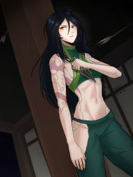 Rule 34 | 1girl, abs, akali, arm at side, arm tattoo, arrow (projectile), artist name, bare shoulders, black hair, breasts, commentary, crop top, dated, english commentary, eyeliner, gradient eyes, green pants, green shirt, hair down, hand on own chest, hand up, highres, hip vent, holding, holding knife, indoors, knife, kunai, league of legends, long hair, looking to the side, makeup, matlink, midriff, motion blur, multicolored eyes, navel, ninja, no mask, orange eyes, pants, parted lips, pillar, shirt, sleeveless, sleeveless shirt, small breasts, solo, stomach, strapless, strapless shirt, taking cover, tattoo, v-shaped eyebrows, weapon, yellow eyes