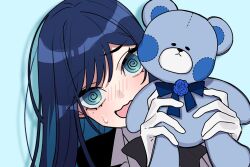 Rule 34 | 1girl, @ @, ado (utaite), black bow, black bowtie, blue background, blue eyes, blue hair, blush, bow, bowtie, chando (ado), cloud nine inc, colored inner hair, commentary request, holding, holding stuffed toy, long hair, looking at viewer, mole, mole under eye, multicolored hair, open mouth, riseno, sidelocks, simple background, solo, stuffed animal, stuffed toy, teddy bear, two-tone hair, upper body, utaite, wavy mouth