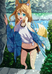 Rule 34 | 1girl, :d, ahoge, animal ear fluff, animal ears, bikini, bikini bottom only, black bikini, blonde hair, blue eyes, blurry, blurry background, clothing cutout, commentary request, day, depth of field, floral print, fox ears, fox girl, fox tail, hands up, highres, long hair, long sleeves, looking at viewer, off shoulder, open clothes, open mouth, original, outdoors, river, shirt, short sleeves, shoulder cutout, smile, solo, swimsuit, tail, tsuyukina fuzuki, very long hair, water, white shirt, wide sleeves