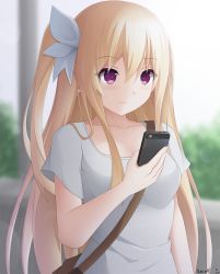 Rule 34 | 1girl, blonde hair, blush, breasts, cellphone, cleavage, commentary request, date a live, earrings, hair between eyes, hair ribbon, highres, holding, holding phone, jewelry, keenh, long hair, looking at phone, mayuri (date a live), medium breasts, phone, purple eyes, ribbon, shirt, short sleeves, side ponytail, sign, smartphone, smile, solo, very long hair, white ribbon, white shirt
