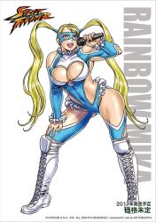 Rule 34 | 1990s (style), 1girl, bare shoulders, blonde hair, blue eyes, blush, boots, breasts, cleavage, cross-laced footwear, gluteal fold, lace-up boots, large breasts, leotard, long hair, mask, microphone, muscular, rainbow mika, shoulder cutout, smile, solo, street fighter, street fighter v, street fighter zero (series), thigh boots, thighhighs, thighs, twintails, wrestling outfit, yamashita shun&#039;ya