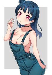 Rule 34 | 10s, 1girl, black choker, blue hair, blue overalls, blush, breasts, choker, cleavage, collarbone, cowboy shot, hair bun, highres, holding, large breasts, long hair, looking at viewer, love live!, love live! sunshine!!, naked overalls, no bra, outside border, overalls, red eyes, side bun, single hair bun, single side bun, solo, suspenders, suspenders slip, tem10, tsushima yoshiko