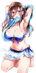 Rule 34 | 1girl, armpits, arms behind head, arms up, bad id, bad pixiv id, bare shoulders, bikini, blue bikini, blue eyes, blue shirt, blue skirt, blush, breasts, brown hair, cleavage, go-toubun no hanayome, hair between eyes, highres, kneeling, large breasts, long hair, looking at viewer, miniskirt, nakano miku, navel, neofreet, shirt, simple background, skirt, solo, swimsuit, undressing, white background