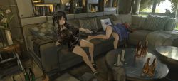 Rule 34 | 2girls, bad id, bad twitter id, beer bottle, coffee table, controller, couch, cushion, dress, highres, indoors, multiple girls, original, remote control, renatus.z, sleeping, table