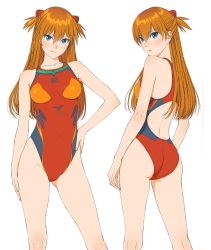 Rule 34 | 1girl, adapted costume, ass, blue eyes, blush, breasts, brown hair, competition swimsuit, contrapposto, covered erect nipples, gluteal fold, hair between eyes, hand on own hip, interface headset, licking lips, long hair, looking at viewer, medium breasts, multiple views, neon genesis evangelion, one-piece swimsuit, plugsuit, rebuild of evangelion, red one-piece swimsuit, smile, souryuu asuka langley, swimsuit, tongue, tongue out, watanabe yasuaki, white background, wide hips