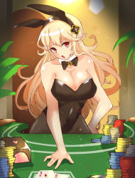 Rule 34 | 1340smile, 1girl, :o, absurdres, alternate costume, animal ears, artist name, black bow, black bowtie, blackjack table, blonde hair, bow, bowtie, breasts, card, cleavage, commentary, corrin (female) (fire emblem), corrin (fire emblem), detached collar, english commentary, fake animal ears, fire emblem, fire emblem fates, hair between eyes, highres, large breasts, leaning forward, leotard, nintendo, open mouth, pantyhose, playboy bunny, playing card, pointy ears, poker chip, poker table, rabbit ears, red eyes, solo, table